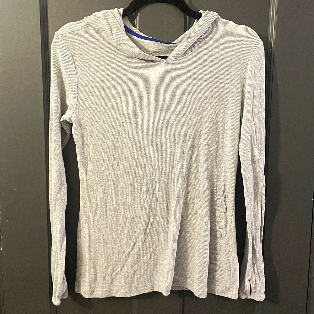 Pure Barre Gray Ribbed Knit Hooded Pullover Hoodie Long Sleeve Size L RN123660